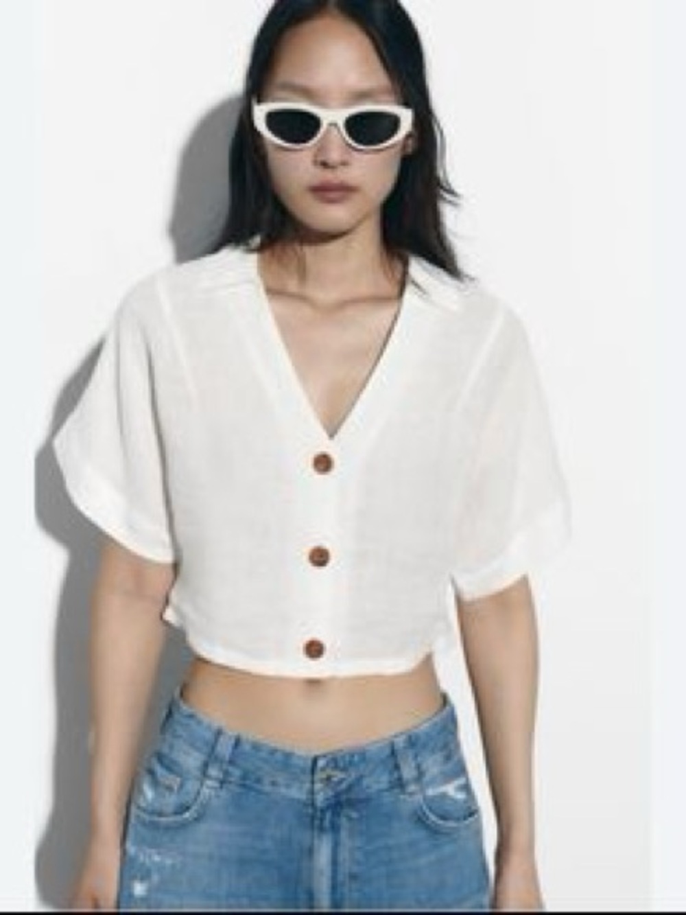 Zara White Cropped Linen collar loose shortsleeves Button Front Boxy Top XS